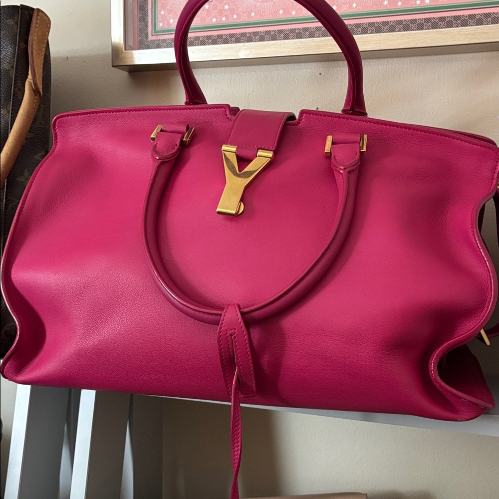 Saint Laurent Leather Y Cabas Medium tote purse fushia